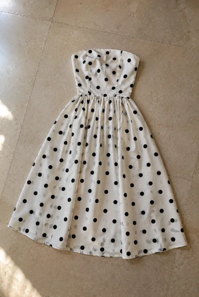 The source photo: a polka-dot dress laid on the floor